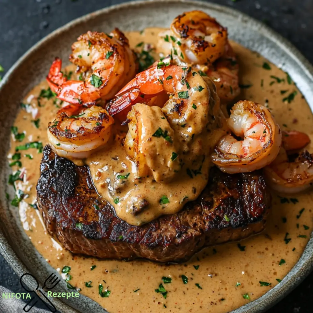 Steak mit dekadenter Garnelen- und Hummer-Sauce