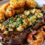 Zartes Knoblauchbutter-Steak mit knusprig gebratenen Garnelen