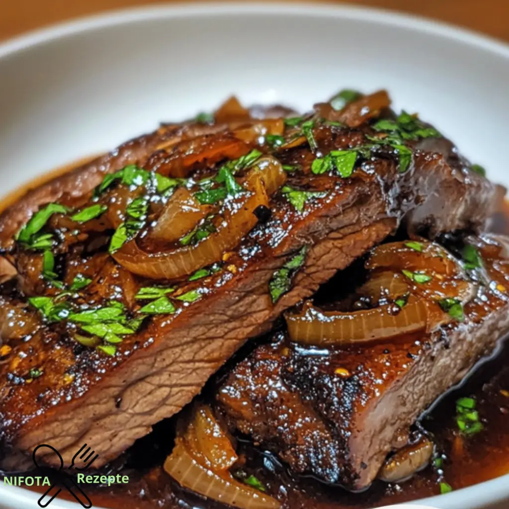 Zartes Rinderbrustfest in duftender Balsamico-Zwiebelsoße