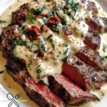 Zartes Steak mit cremiger Gorgonzola-Alfredo-Sauce und Gemüse