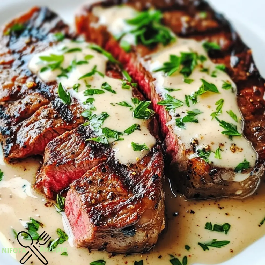 Steak mit Knoblauch-Sahnesoße