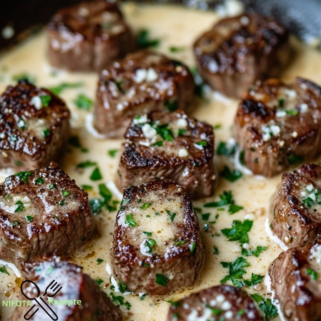 Knoblauchbutter-Rinderbissen mit Parmesan-Cremesauce