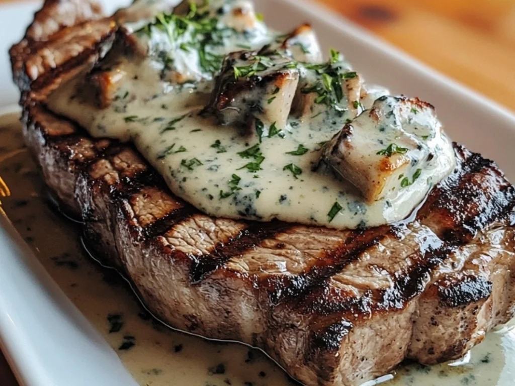 Steak mit Schweinefleisch und Blauschimmelkäse-Sauce