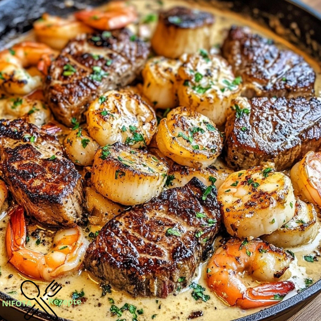 Steak und Meeresfrüchte-Pfanne mit Knoblauch-Parmesan-Cremesauce