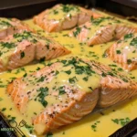 Gebratener Lachs mit cremiger Zitronen-Knoblauch-Sauce genießen.