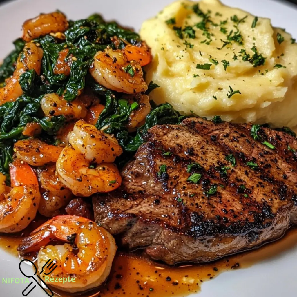 Gebratenes Steak mit Cajun-Garnelen und Spinat genießen.