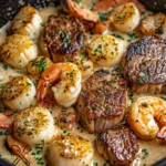 Steak und Meeresfrüchte-Pfanne mit Knoblauch-Parmesan-Cremesauce.