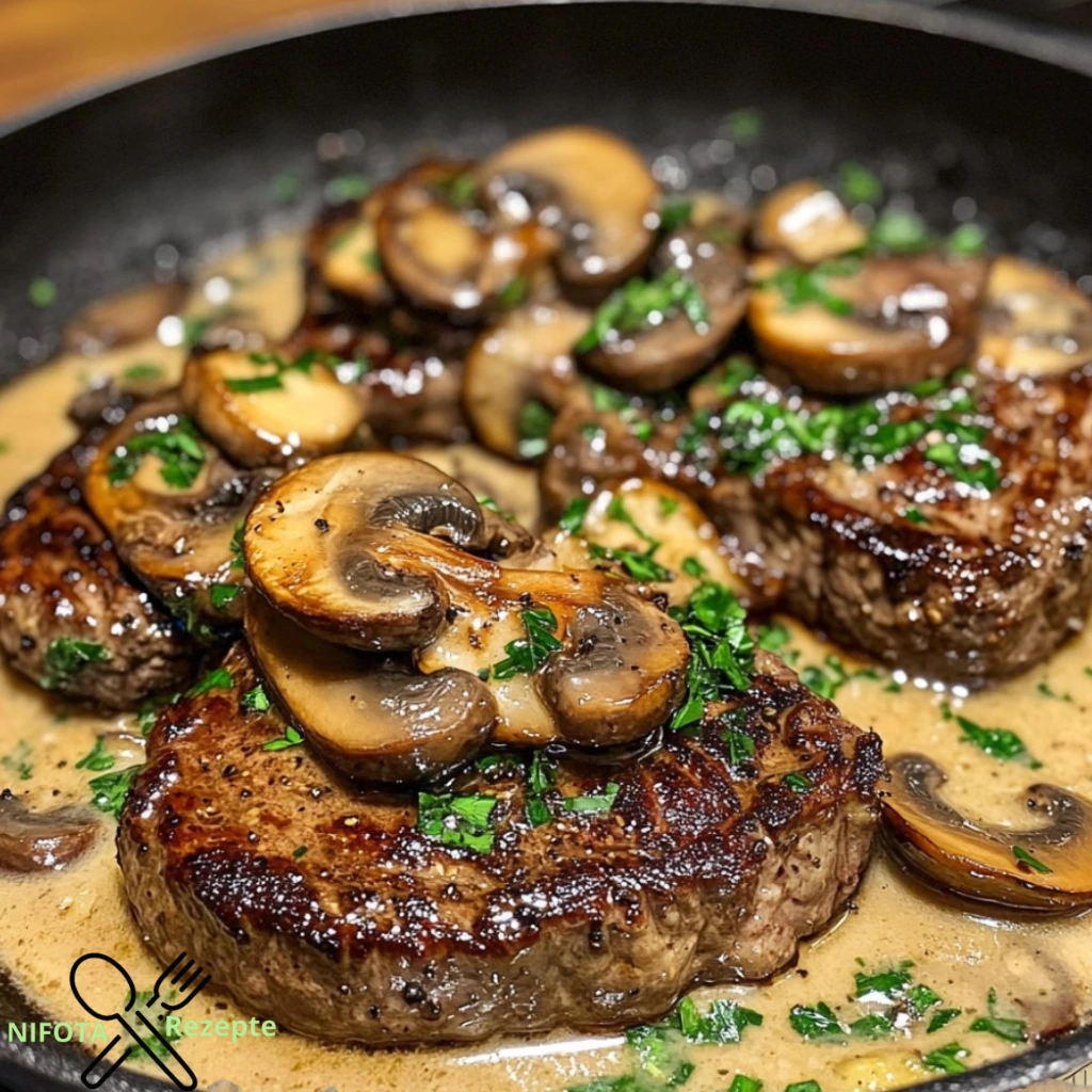 Pfannen-gebratene Steaks mit Senf- und Pilzsauce genießen