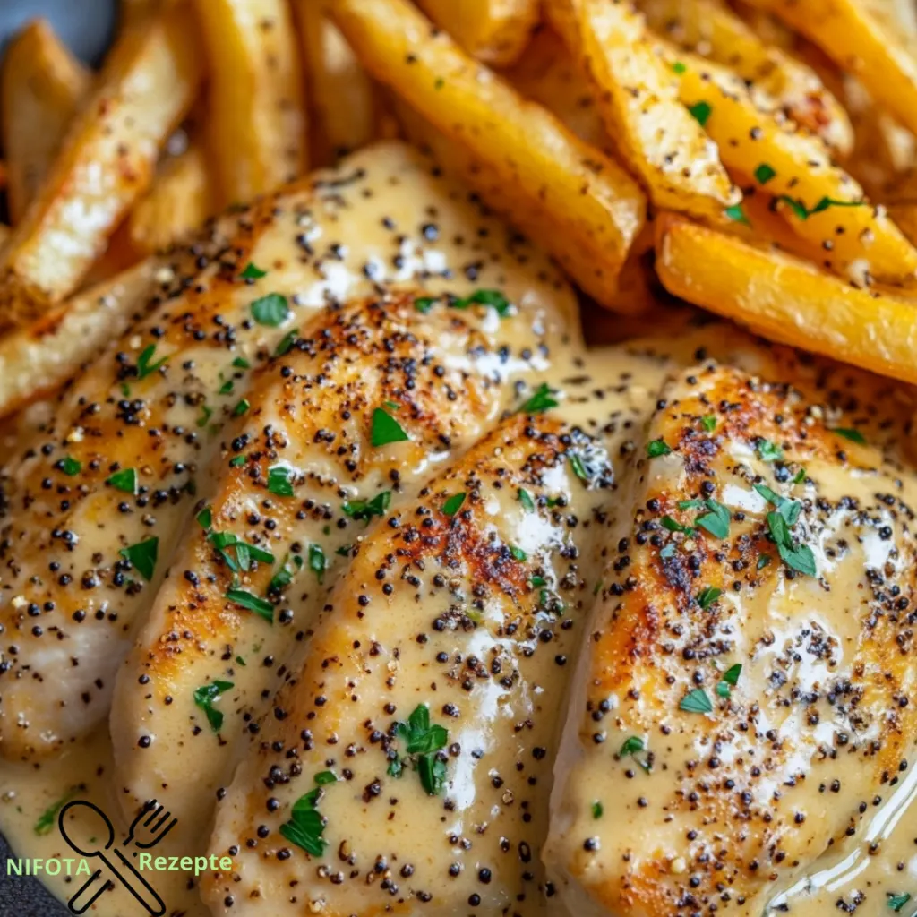 Cremiger Senf-Hühnchen mit knusprigen Pommes Frites