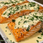 Gebratener Lachs mit cremiger Zitronen-Knoblauch-Sauce genießen.