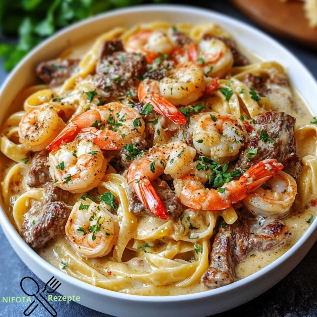 Cajun Garnelen und Steak Alfredo Pasta