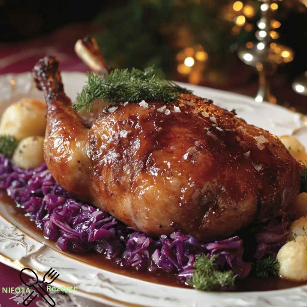 Deutsche Weihnachtsgans mit Rotkohl und Knödeln