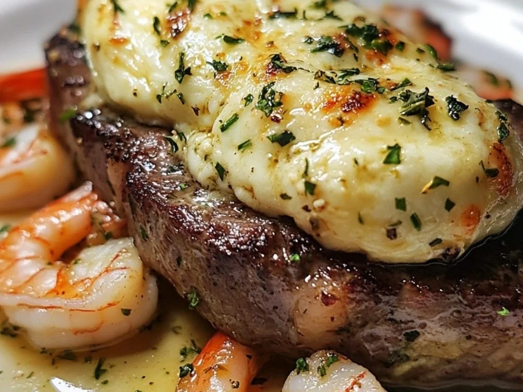 Mozzarella-Stuffed Steak mit Garnelen