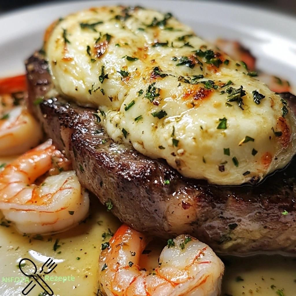 Mozzarella-Stuffed Steak mit Garnelen