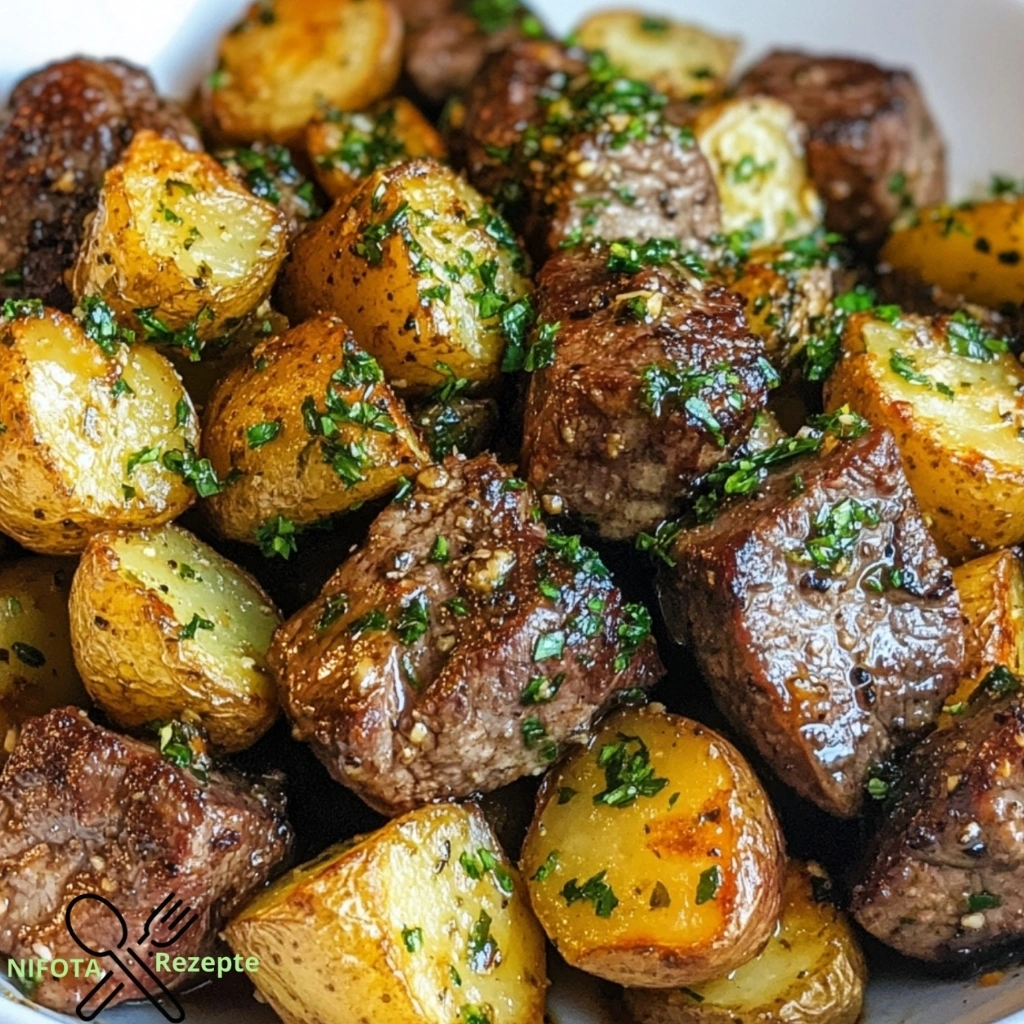 Air Fryer Knoblauchbutter-Steakbissen und Kartoffeln