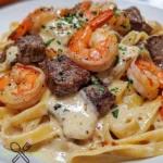 Cajun Garnelen und Steak Alfredo Pasta