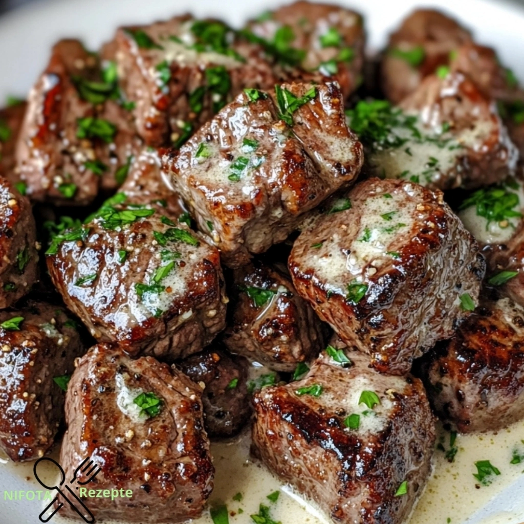 Knoblauchbutter-Steakbissen mit cremiger Parmesansoße