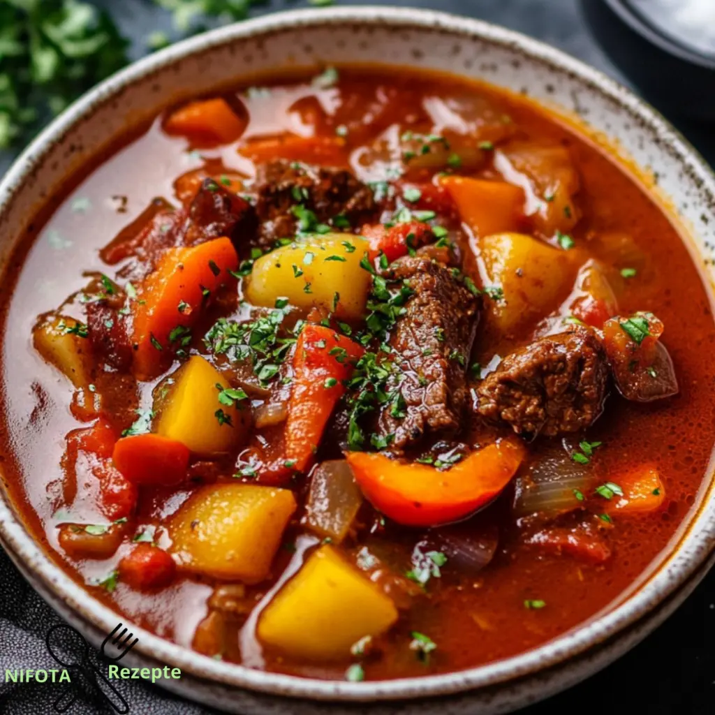 Herzhafter ungarischer Eintopf mit paprika-würzigem Rindfleisch