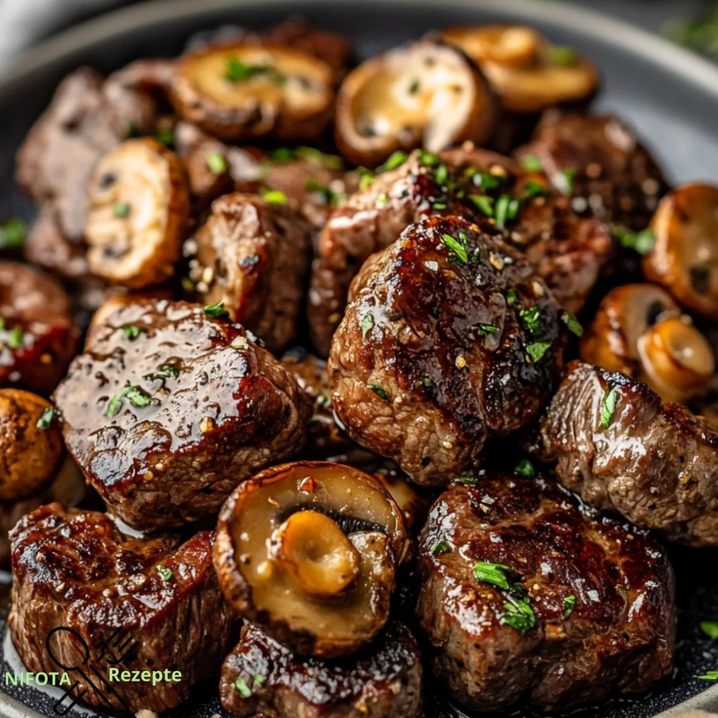 Saftige Steakwürfel in einer cremigen Knoblauch-Butter-Sauce.