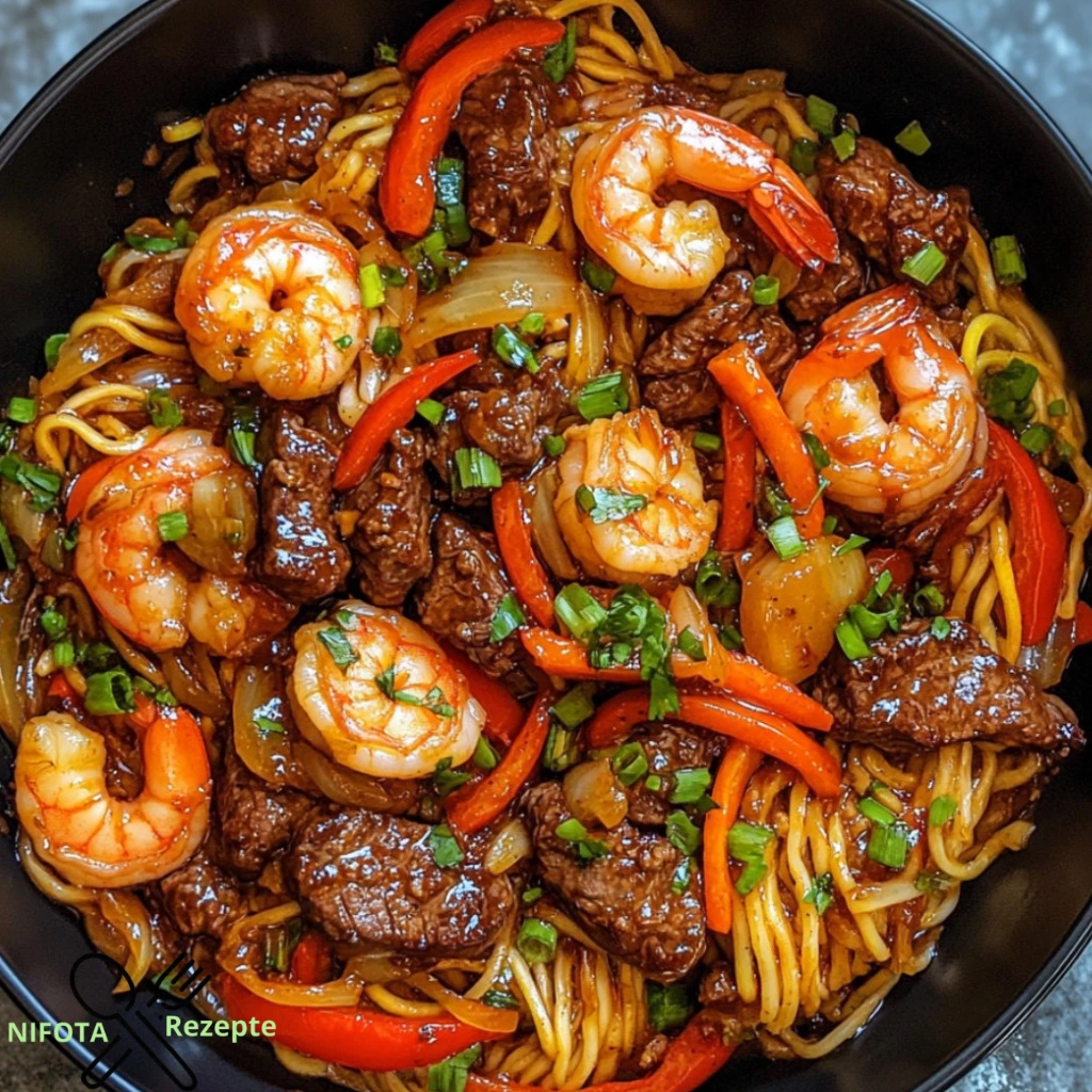 Zesty Chili Rindfleisch- und Garnelen-Nudel-Pfanne genießen!