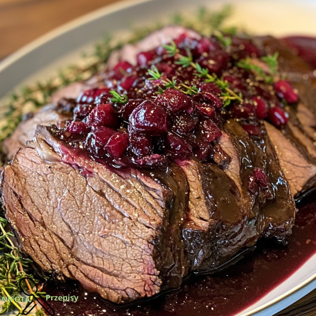 Langsam geschmorter Rinderbraten mit Cranberry-Balsamico-Glasur genießen.