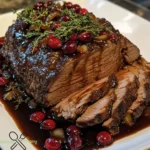 Langsam geschmorter Rinderbraten mit Cranberry-Balsamico-Glasur genießen.