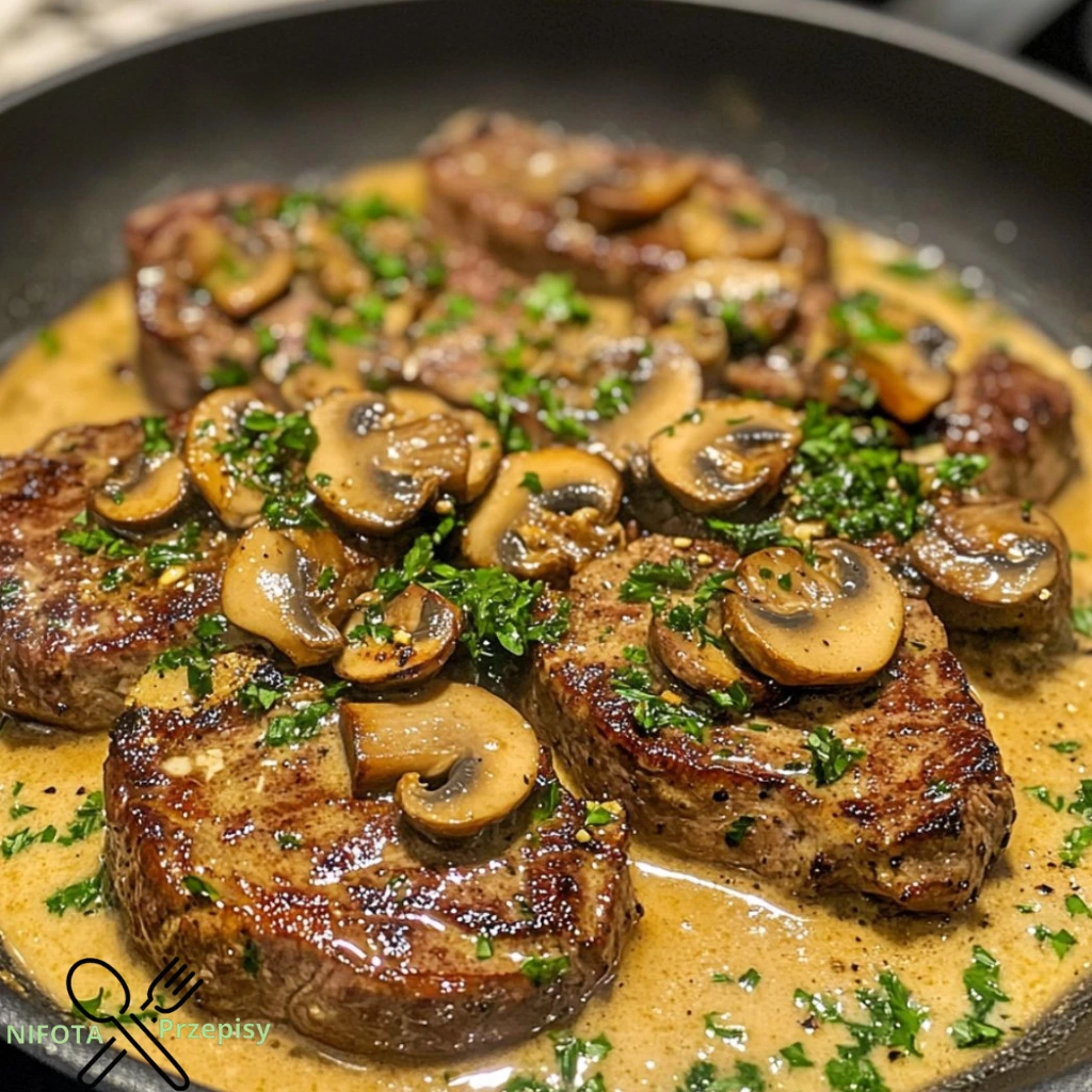 Pfannen-gebratene Steaks mit Senf- und Pilzsauce genießen