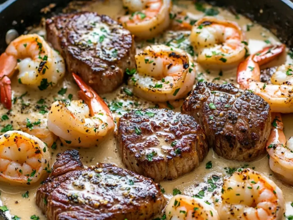 Steak- und Meeresfrüchte-Pfanne mit Knoblauch-Parmesan-Cremesauce genießen!