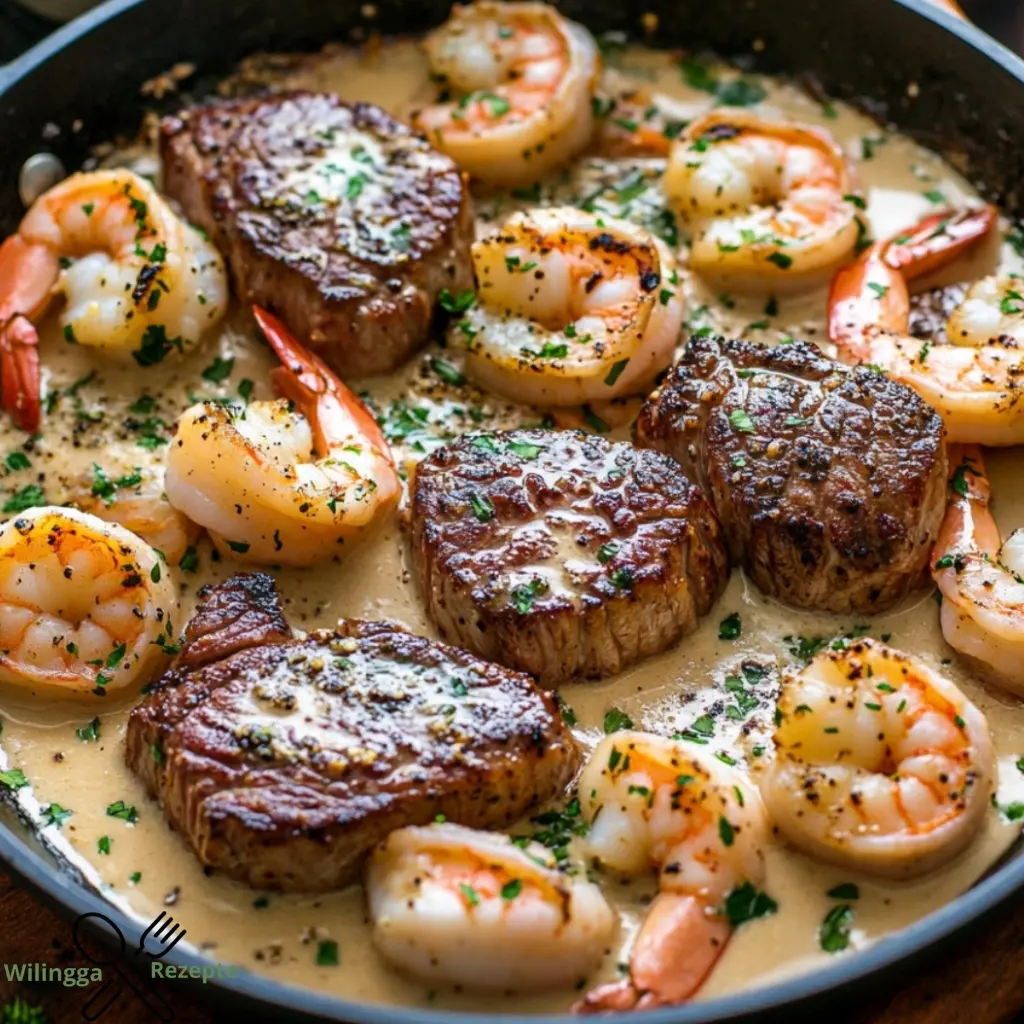 Steak- und Meeresfrüchte-Pfanne mit Knoblauch-Parmesan-Cremesauce genießen!