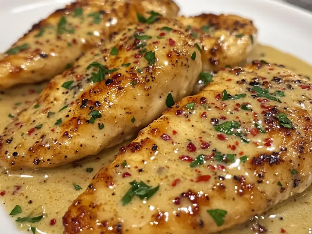 Hähnchenfilet in einer würzigen, cremigen Knoblauch-Parmesan-Sauce genießen.