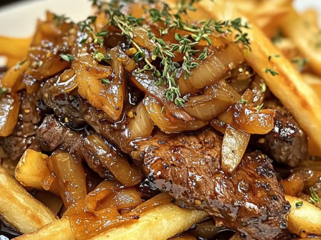 Balsamico-Zwiebel-Rindfleisch mit Pommes Frites genießen!