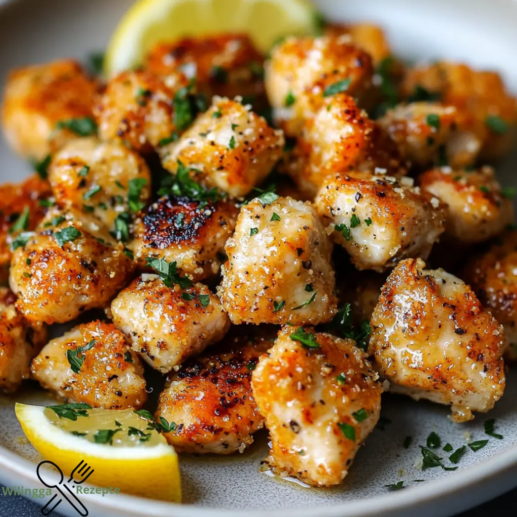 Knoblauch-Butter-Hühnchenbissen mit Zitrone und Parmesan genießen.