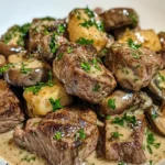 Zarte Steakbissen in cremiger Knoblauch-Pilzsauce genießen