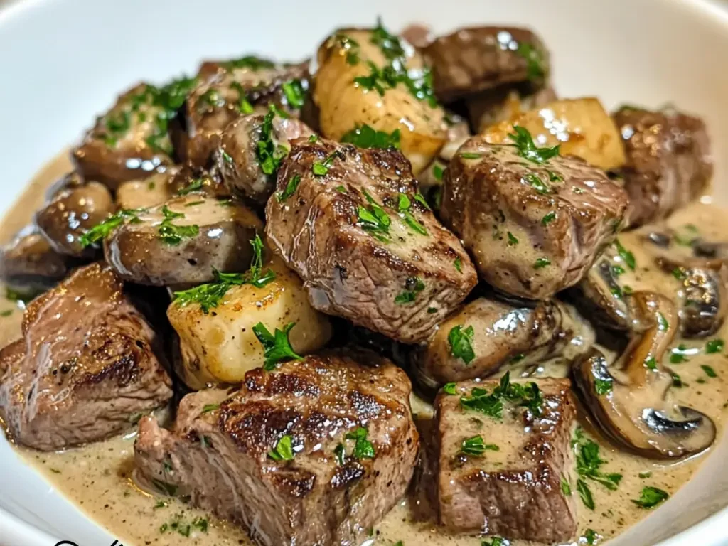 Zarte Steakbissen in cremiger Knoblauch-Pilzsauce genießen