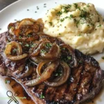 Ribeye-Steak mit karamellisierten Zwiebeln und Kartoffelpüree