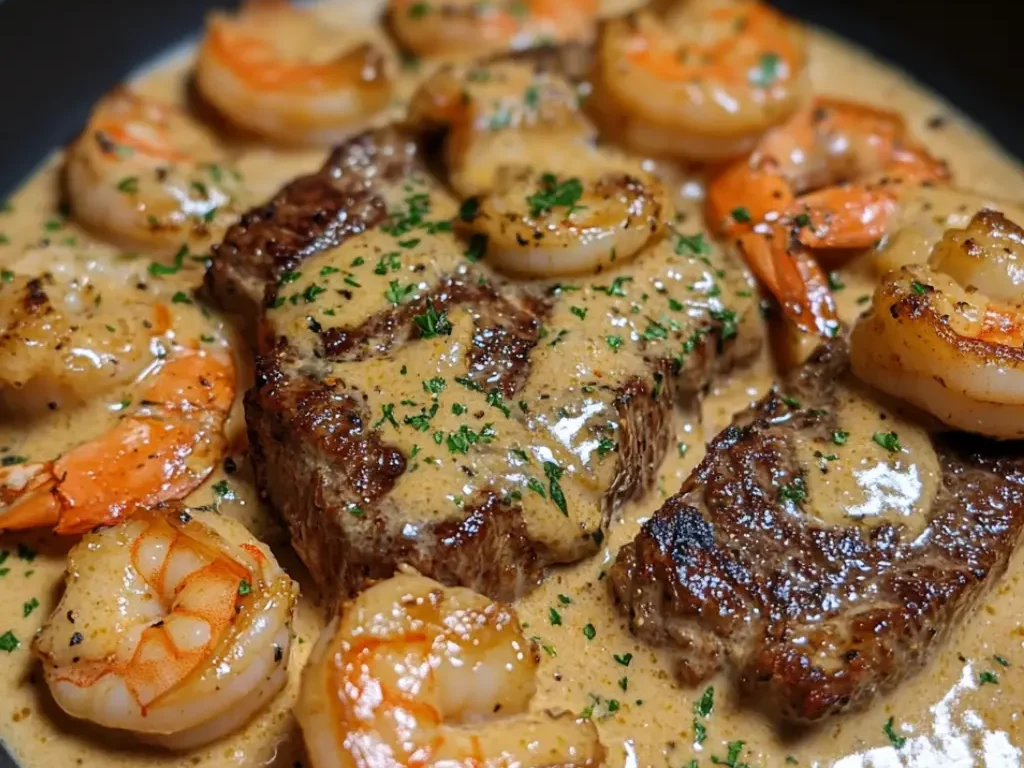 Cremige Cheddar-Steak und Garnelen für Feinschmecker.