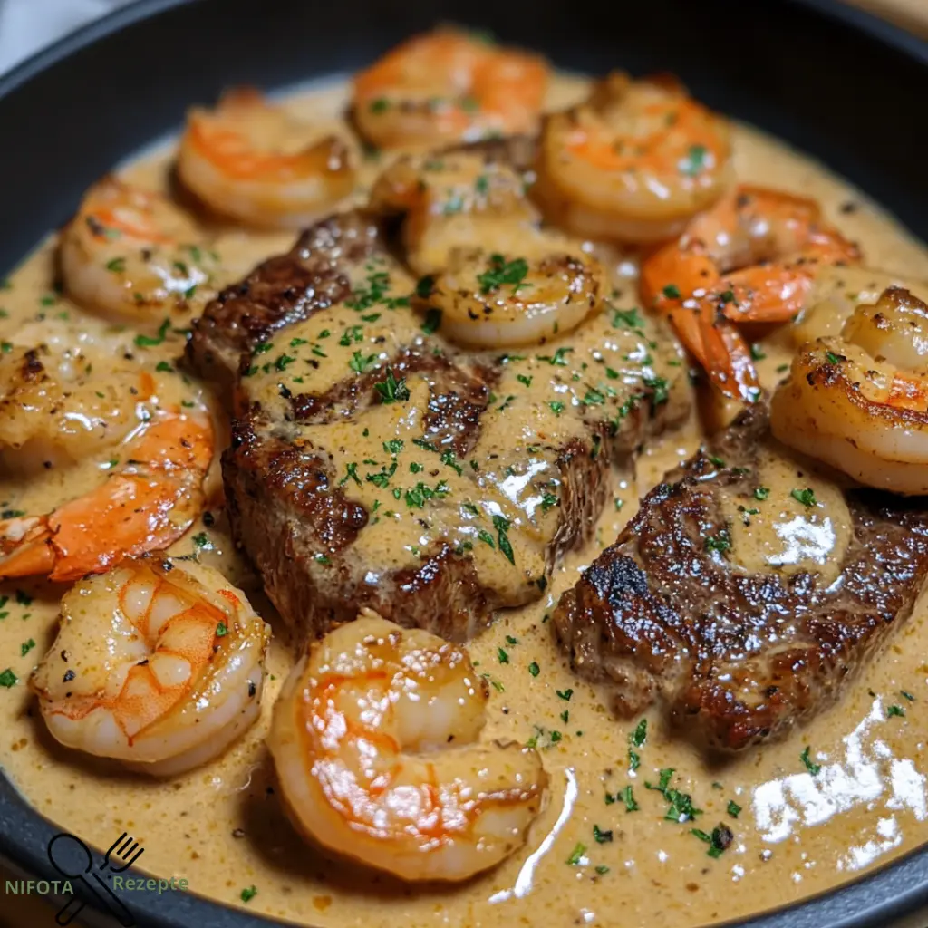 Cremige Cheddar-Steak und Garnelen für Feinschmecker.